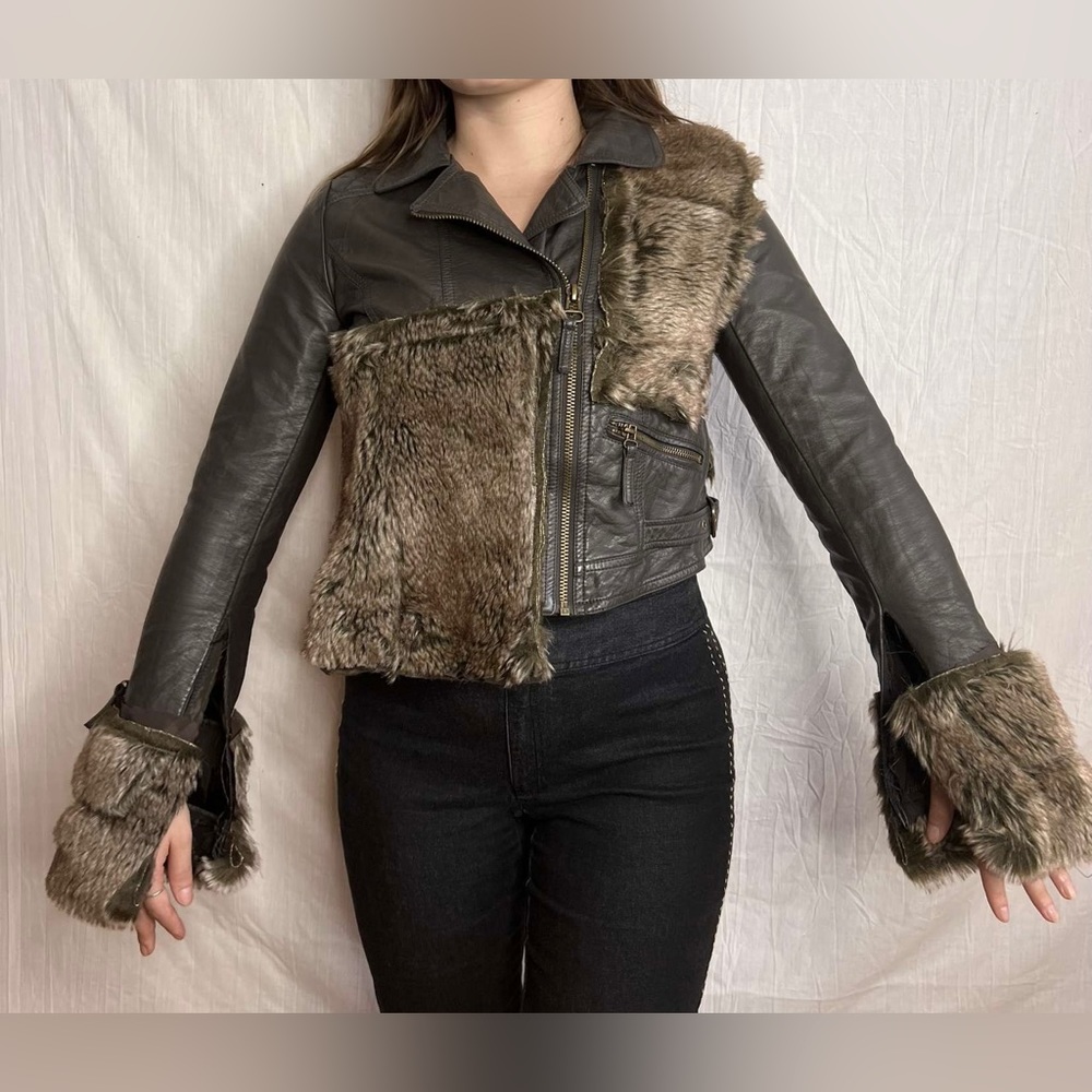 Custom Upcycled Asymetrical Faux Fur Faux Leather Zip Up Jacket Size S